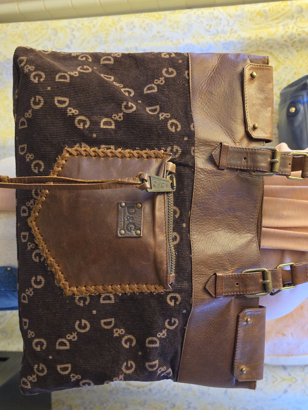 D&G Brown Monogram Corduroy and Leather Shoulder Tote